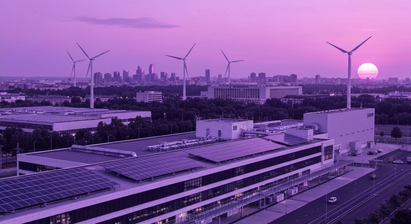 Modern power plant with solar panels and wind turbines near a city skyline at dusk