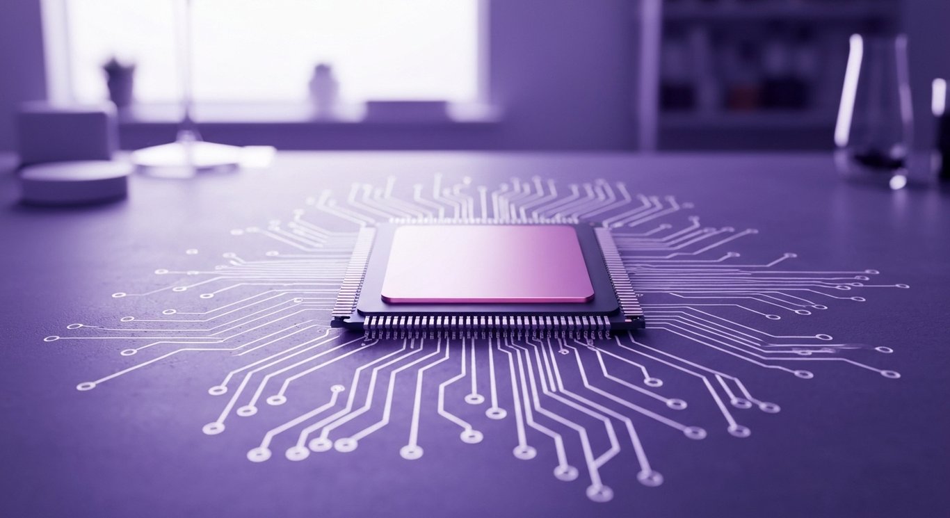 Modern computer chip on a sleek desk with abstract circuits and purple lighting