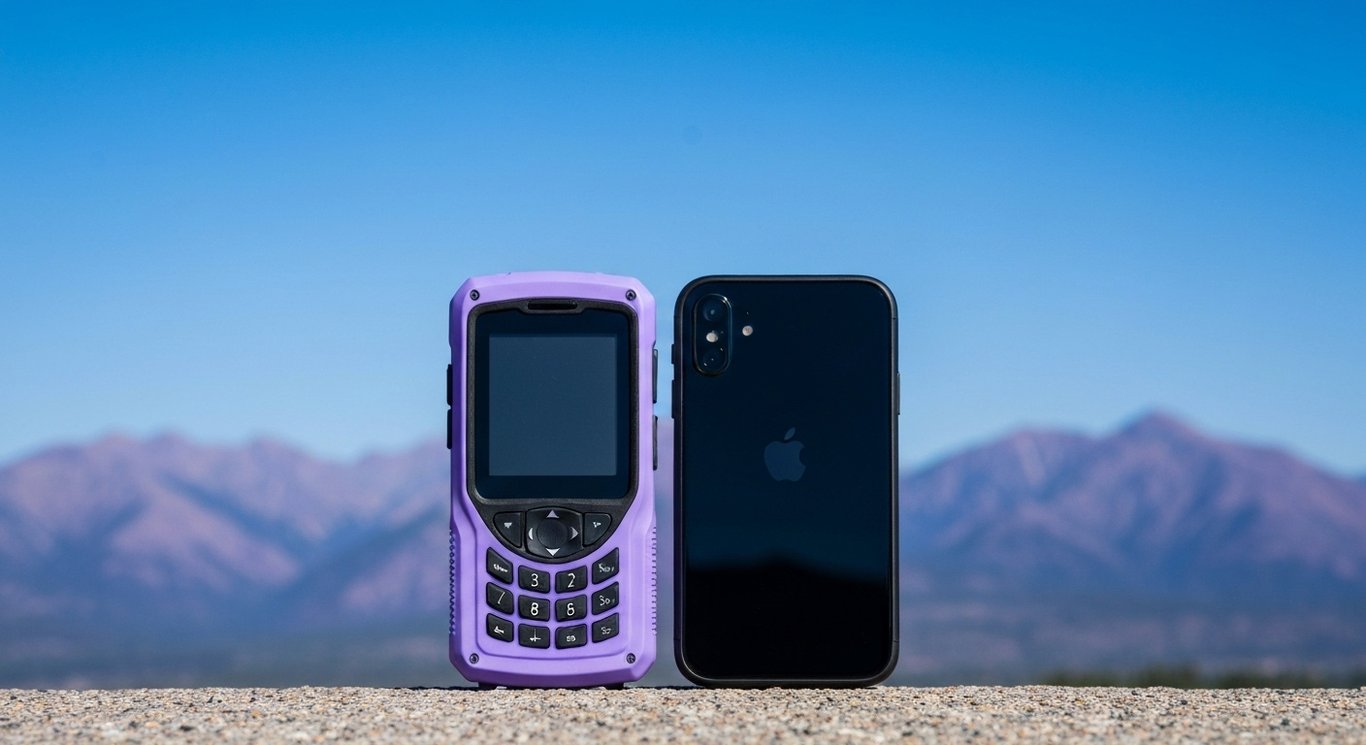 Satellite phone and smartphone on a table outdoors with a clear sky and purple-toned mountains in the background