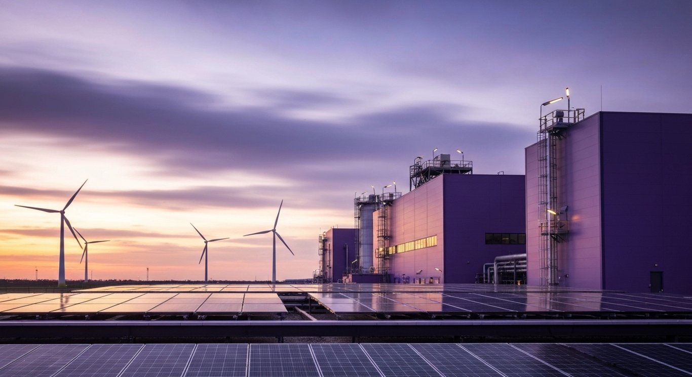 Industrial chemical plant with solar panels and wind turbines under a serene purple sunset
