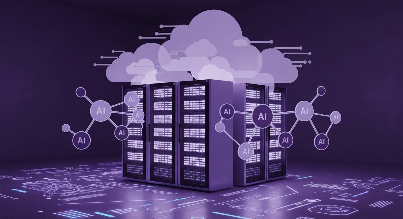 Data server racks with glowing lights amid abstract AI and cloud symbols in a futuristic workspace