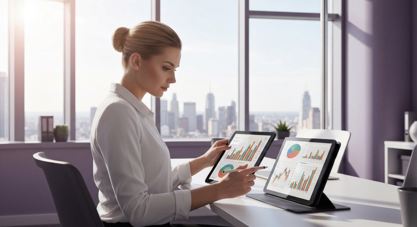 Businessperson analyzing financial charts on a tablet in a modern office with city skyline in the background