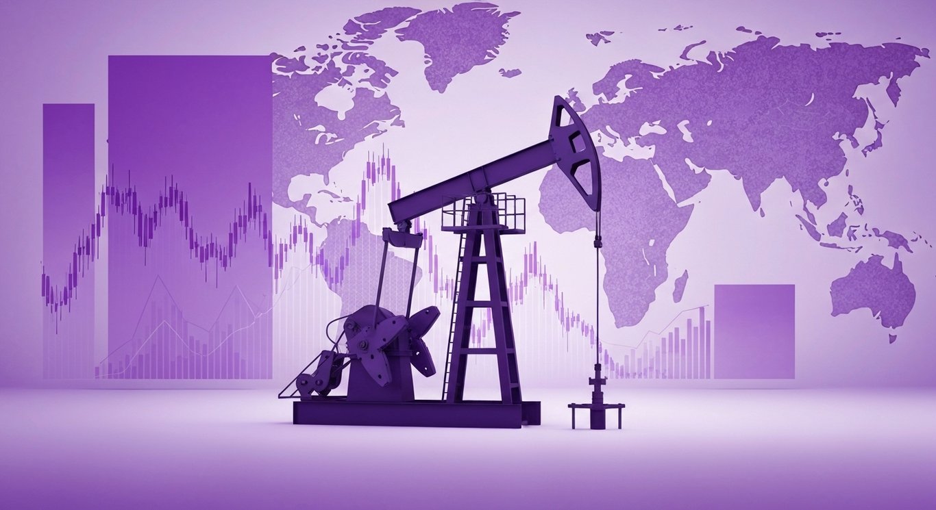Oil pumpjack in a dynamic setting with abstract financial graphs and a soft purple background