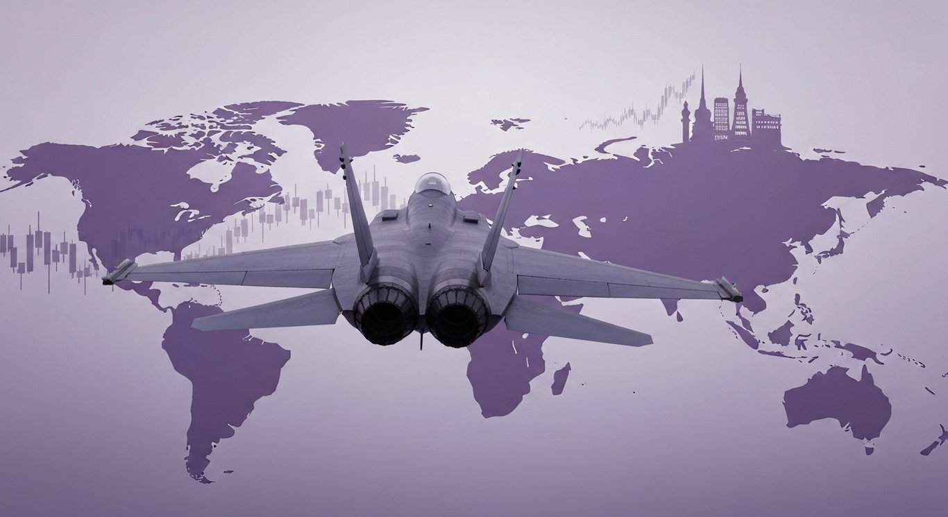 Fighter jet flying over abstract world map with financial graph silhouettes and purple tones