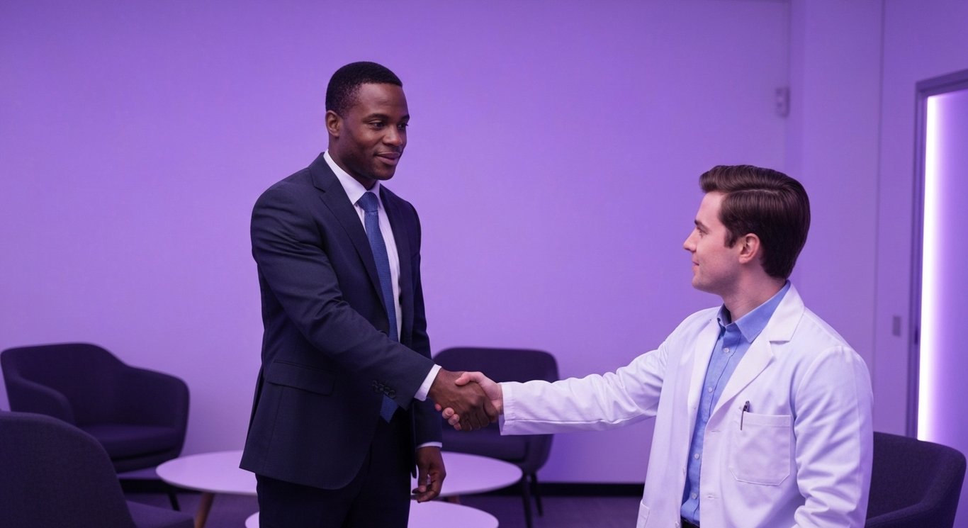 Businessperson and scientist shake hands in a modern office lounge with soft purple lighting