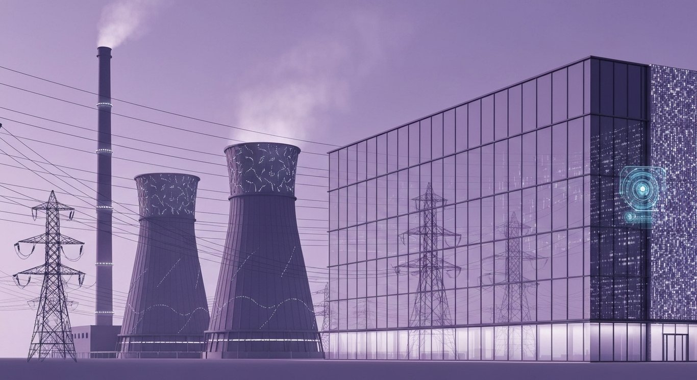 Futuristic power plant next to a data center with electric lines and a minimalist purple background