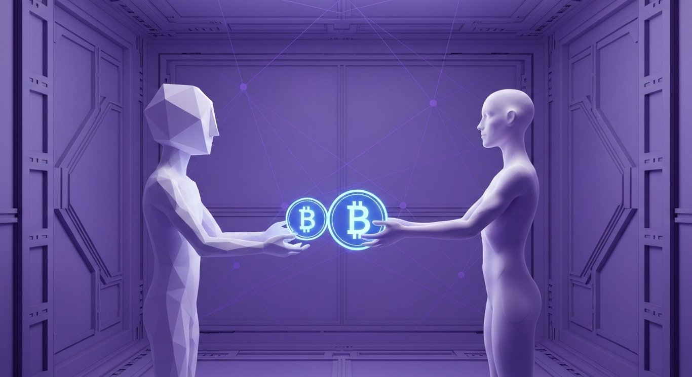 Two abstract human figures exchanging digital coins within a secure, purple-themed digital network vault
