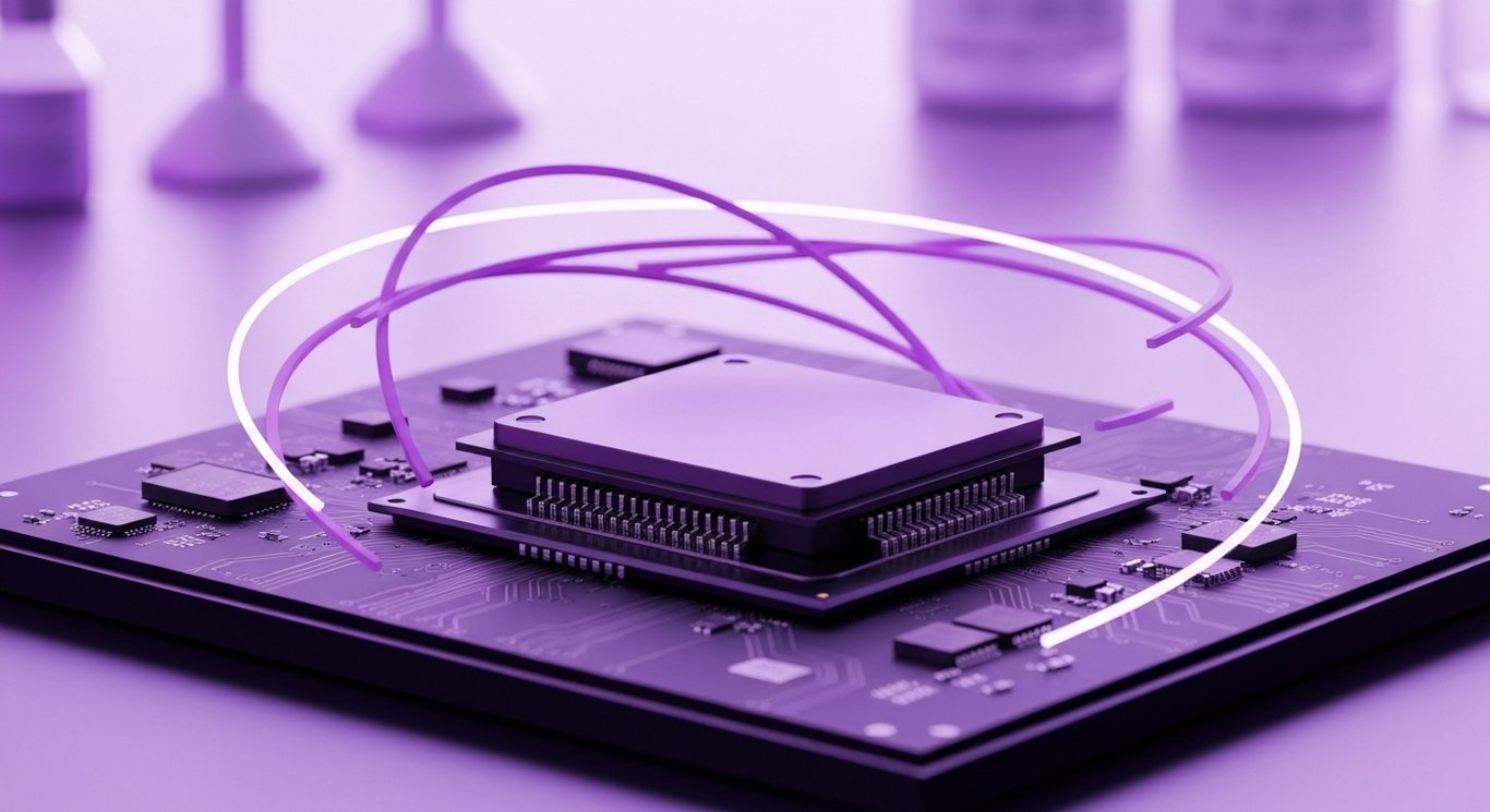 Computer processor on circuit board with abstract data shapes and a soft purple-lit laboratory background