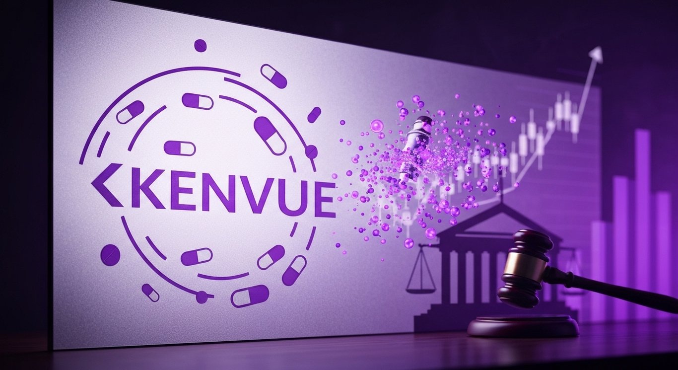 Logo in frosted glass with pills, gavel, federal building, microscope, and rising stock chart under soft purple lighting