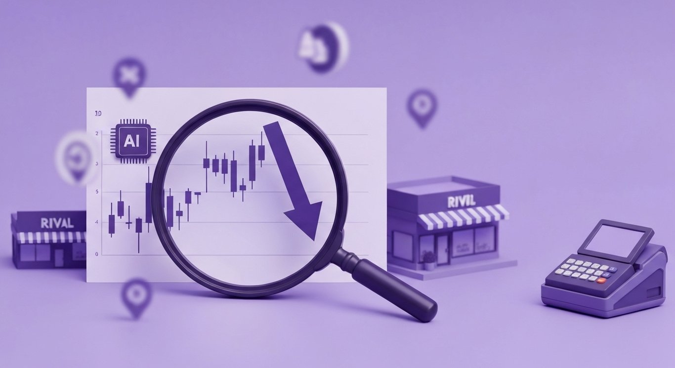 Candlestick chart with downward arrow and magnifying glass, blurred symbols of customer loss, AI chip, POS device, rivals