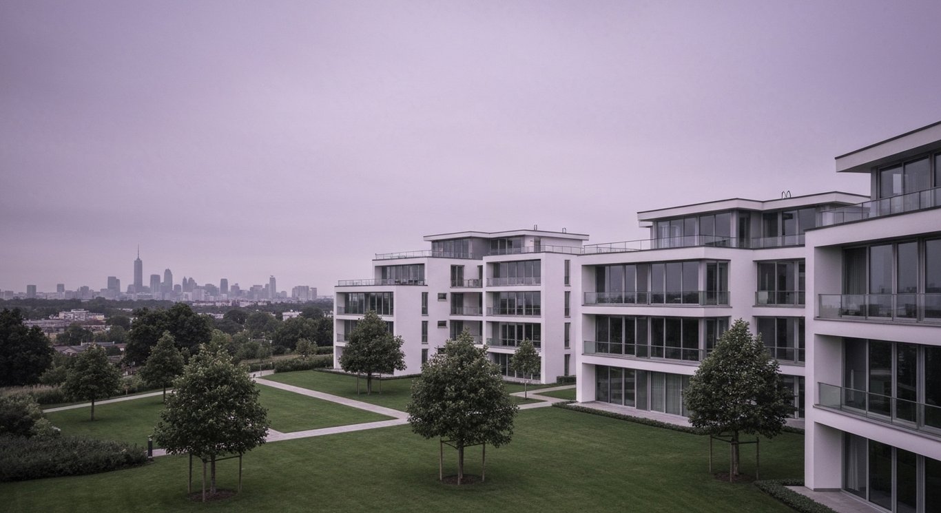 Modern apartment buildings with landscaped grounds and a distant city skyline under a purple-toned sky