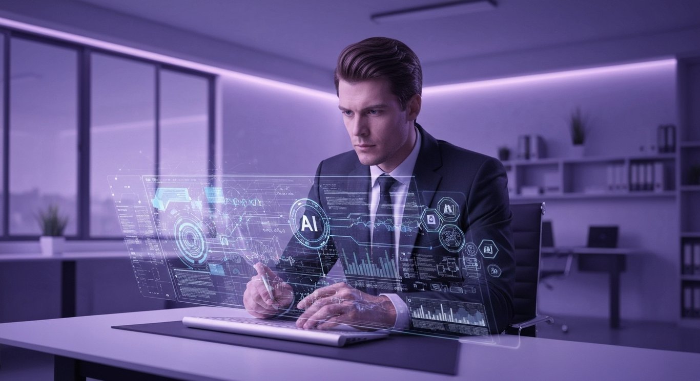 Businessman studying cybersecurity interface in a modern office with digital data visuals and purple lighting