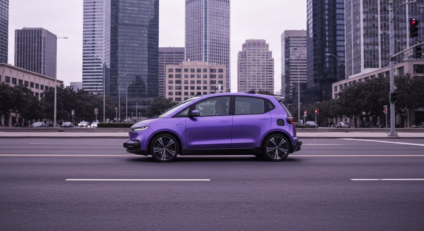 Autonomous electric vehicle driving on a city street framed by modern buildings and light traffic
