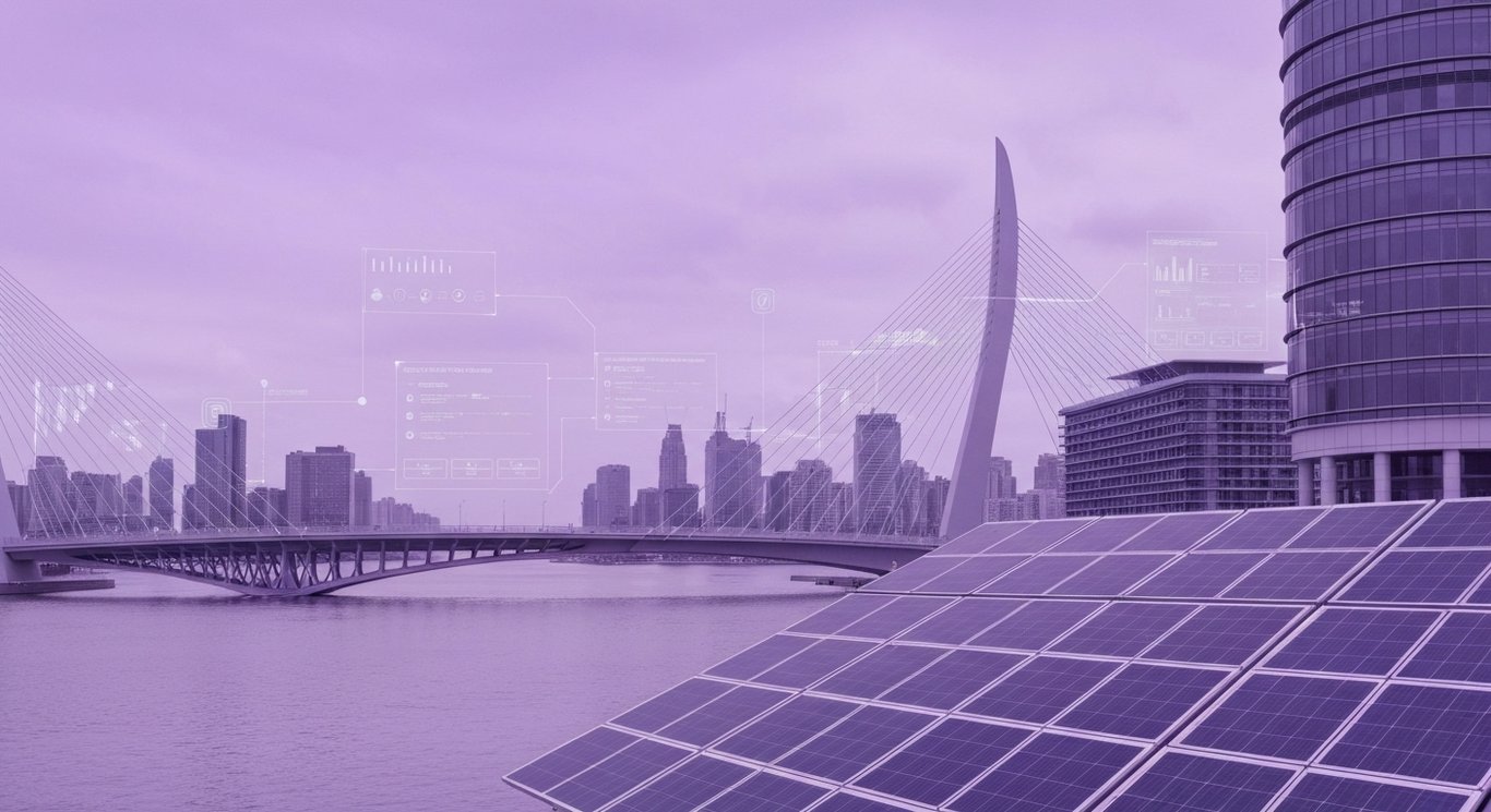 Modern cityscape with futuristic bridges, solar panels, and digital overlays under a purple sky