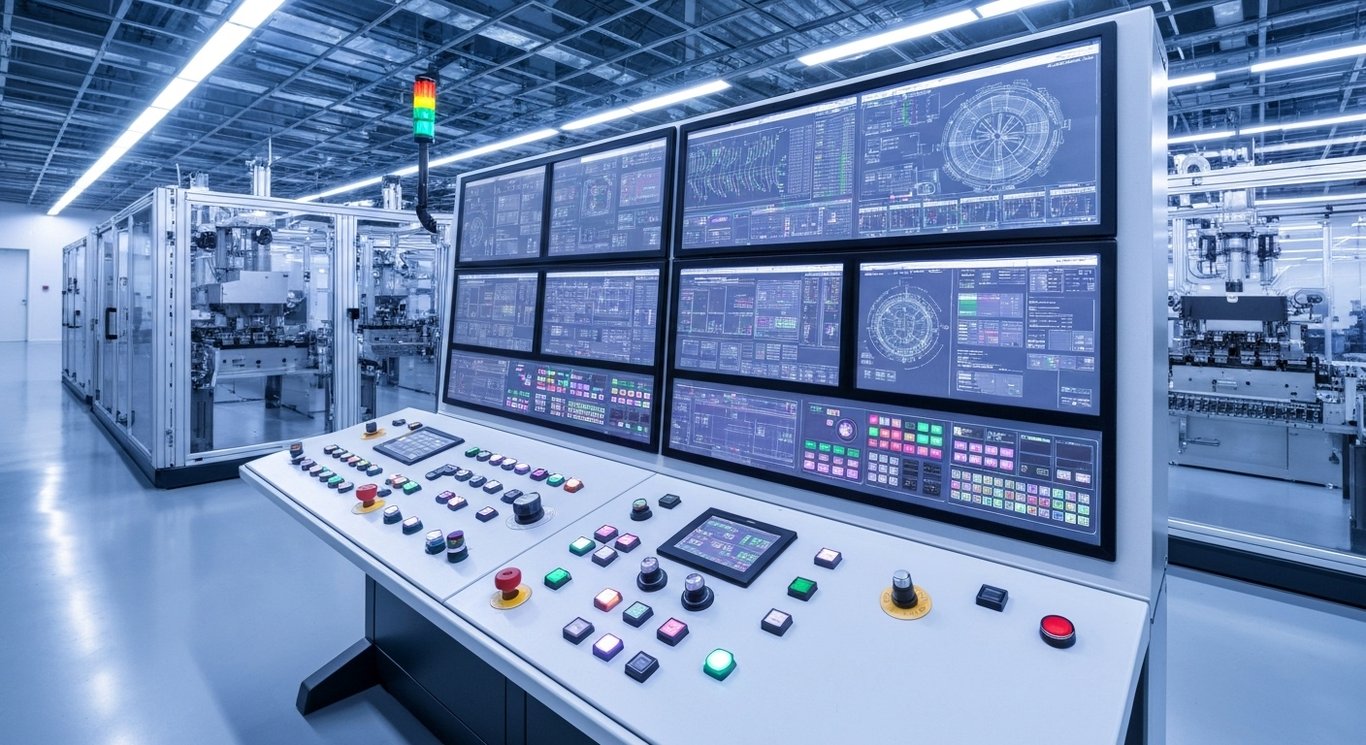 Industrial control panel in a modern automated factory with digital screens and soft purple lighting