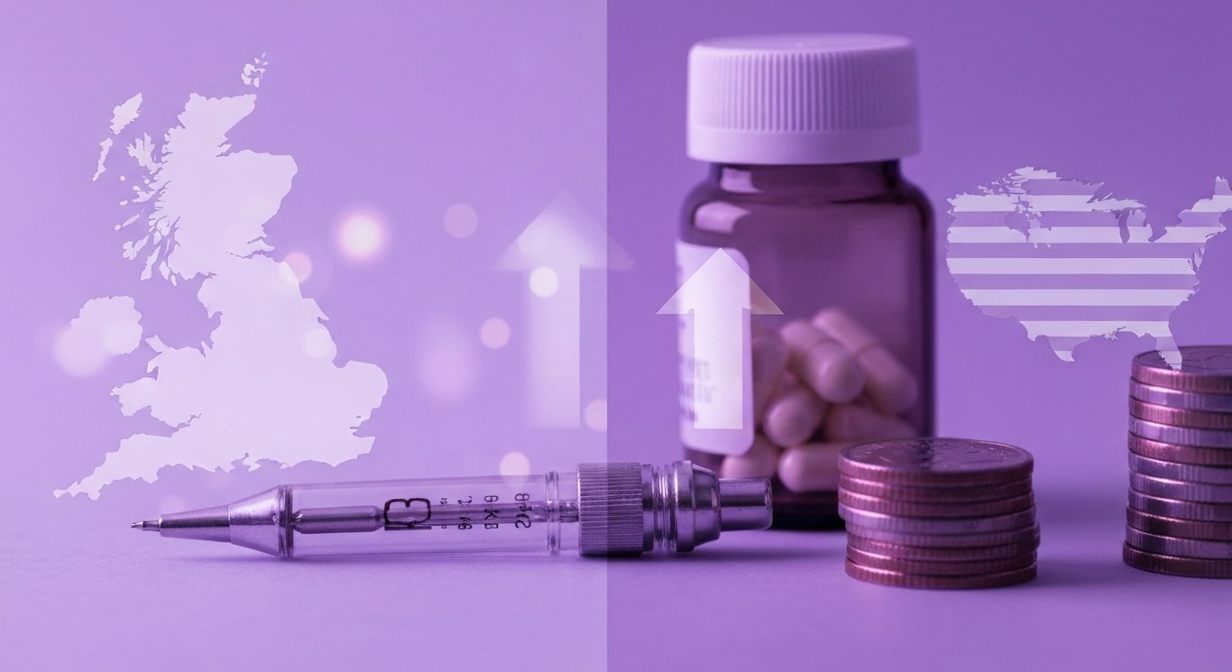 Glass injection pen with pill bottle and stacked coins, split UK and US map silhouettes with faint upward arrow glow