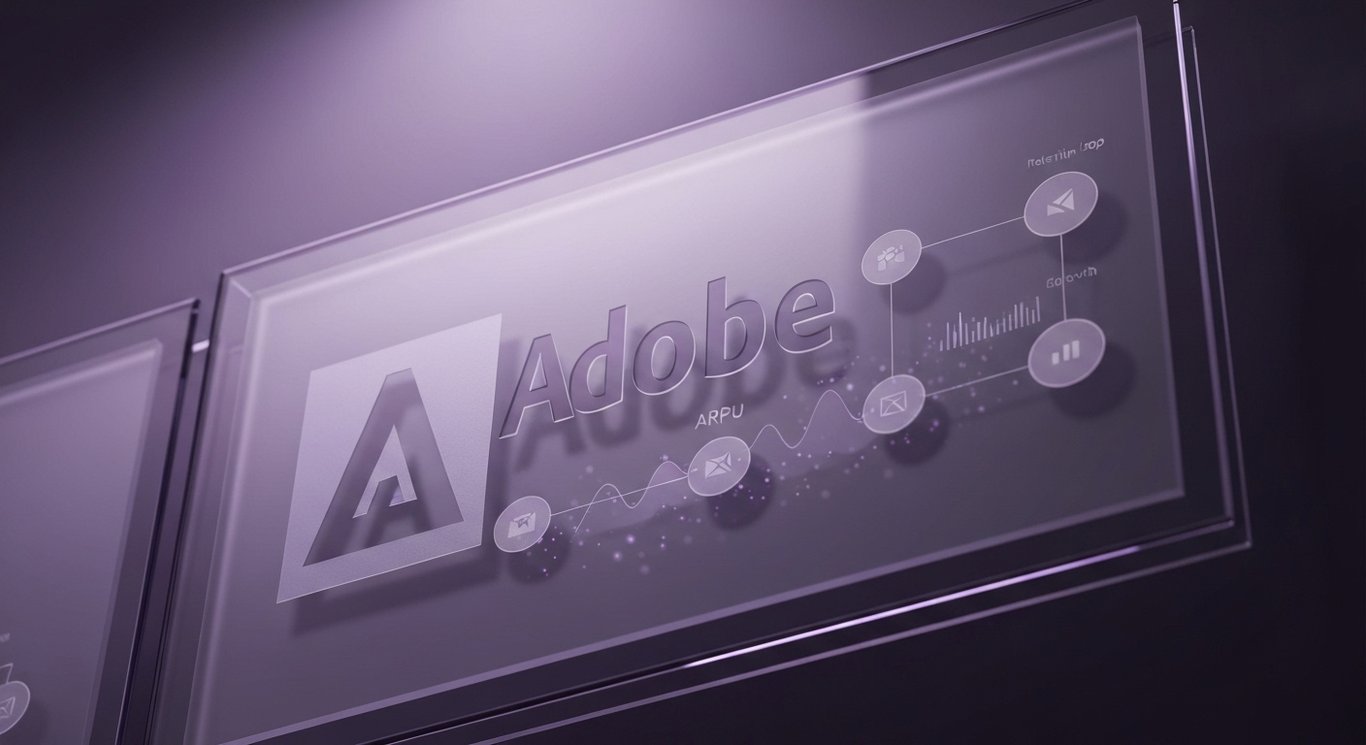 Adobe AI workflow integration with subtle logo, customer retention and ARPU growth visualization in a purple theme