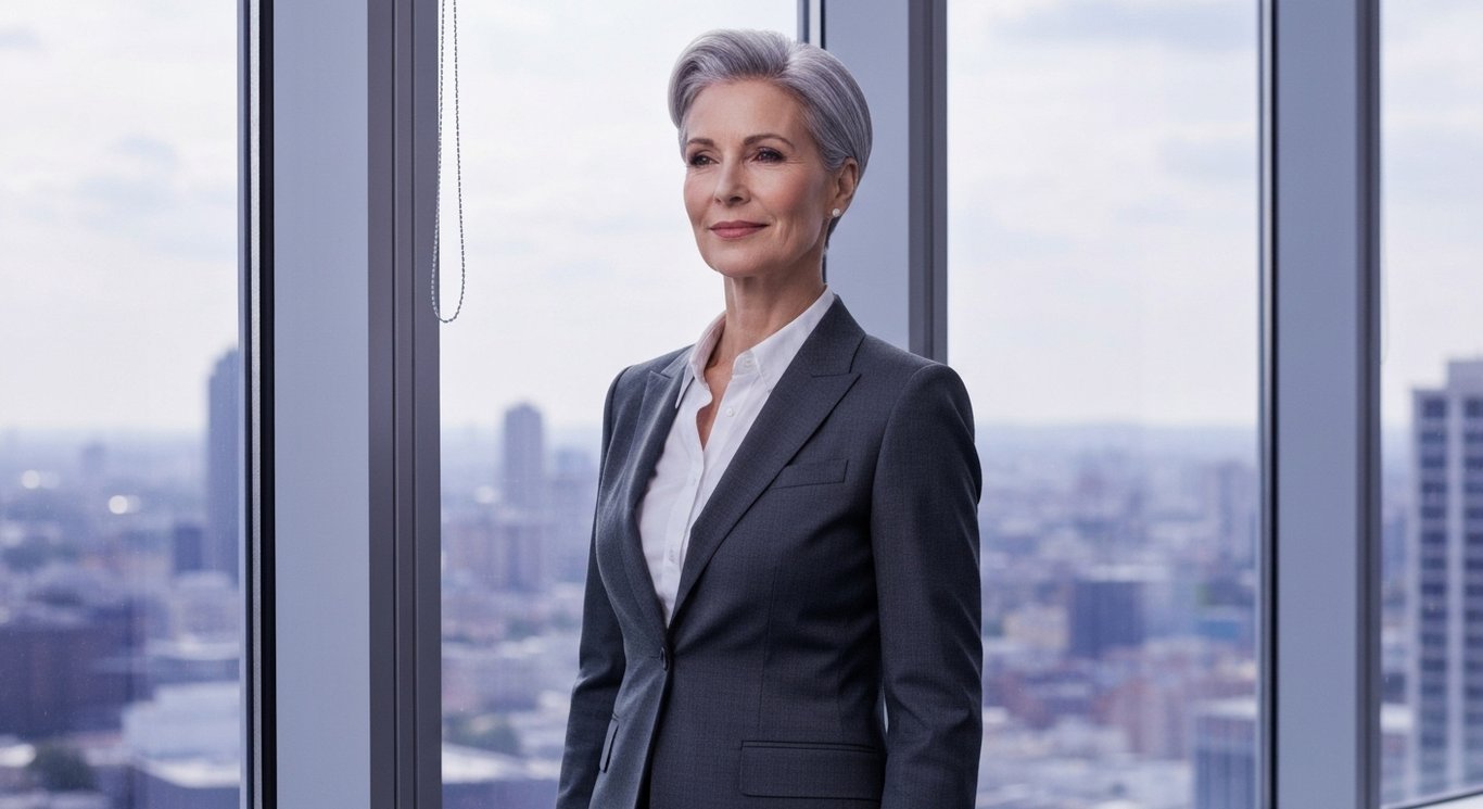 Businesswoman in modern office overlooking city with a soft purple background