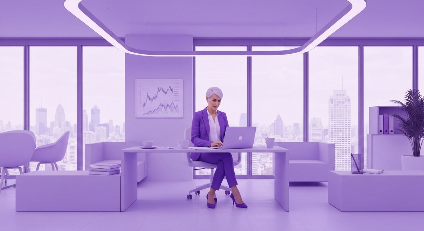 Businesswoman studying financial charts in a modern office with a purple cityscape outside the window