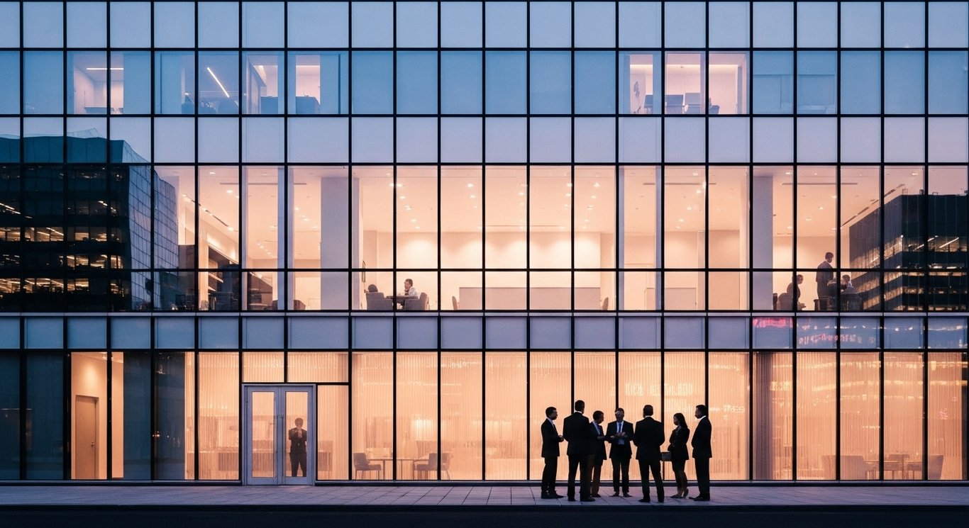Glass building facade reflects city lights as silhouetted businesspeople discuss against an evening skyline