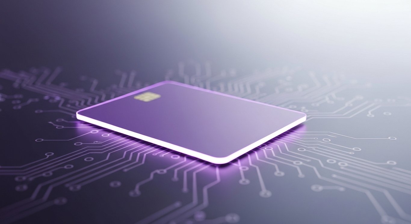 Digital payment card resting on abstract circuit board with a softly blurred purple background