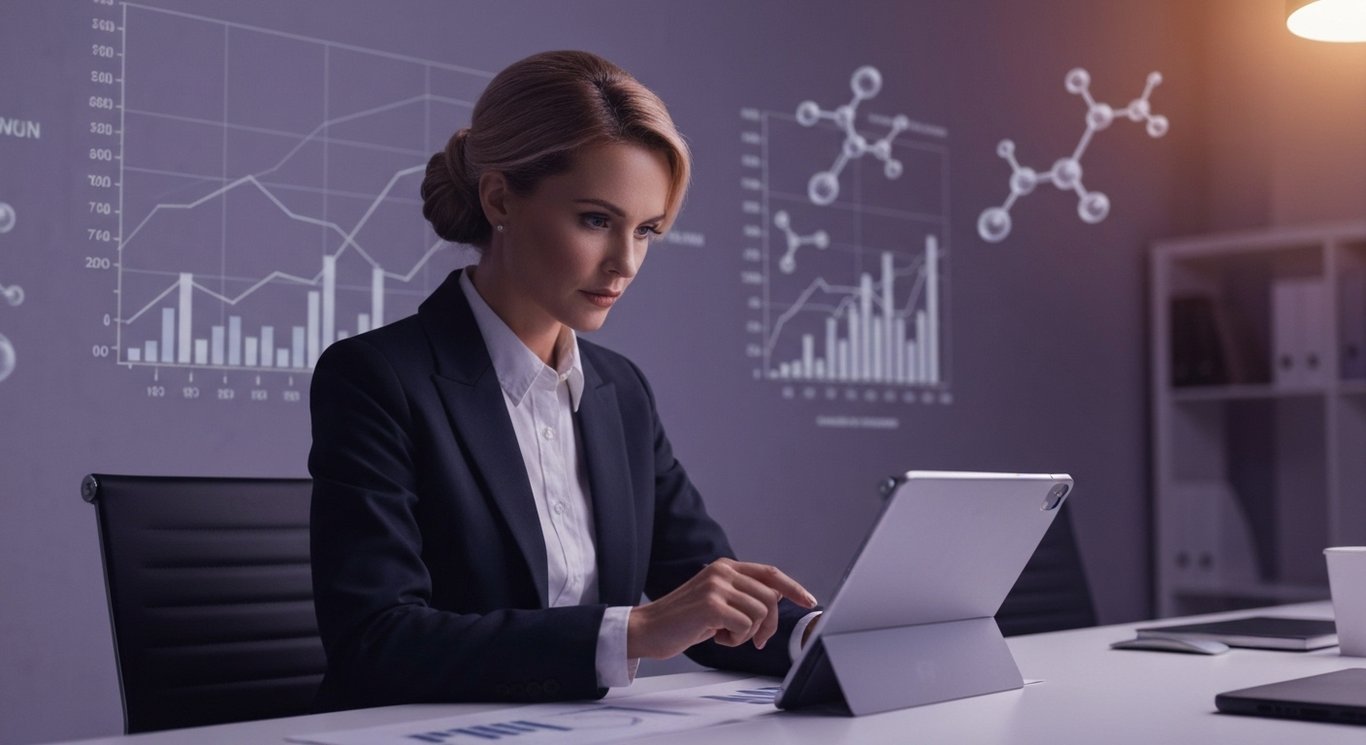Businesswoman reviews financial charts on a tablet in a modern office with purple digital backgrounds