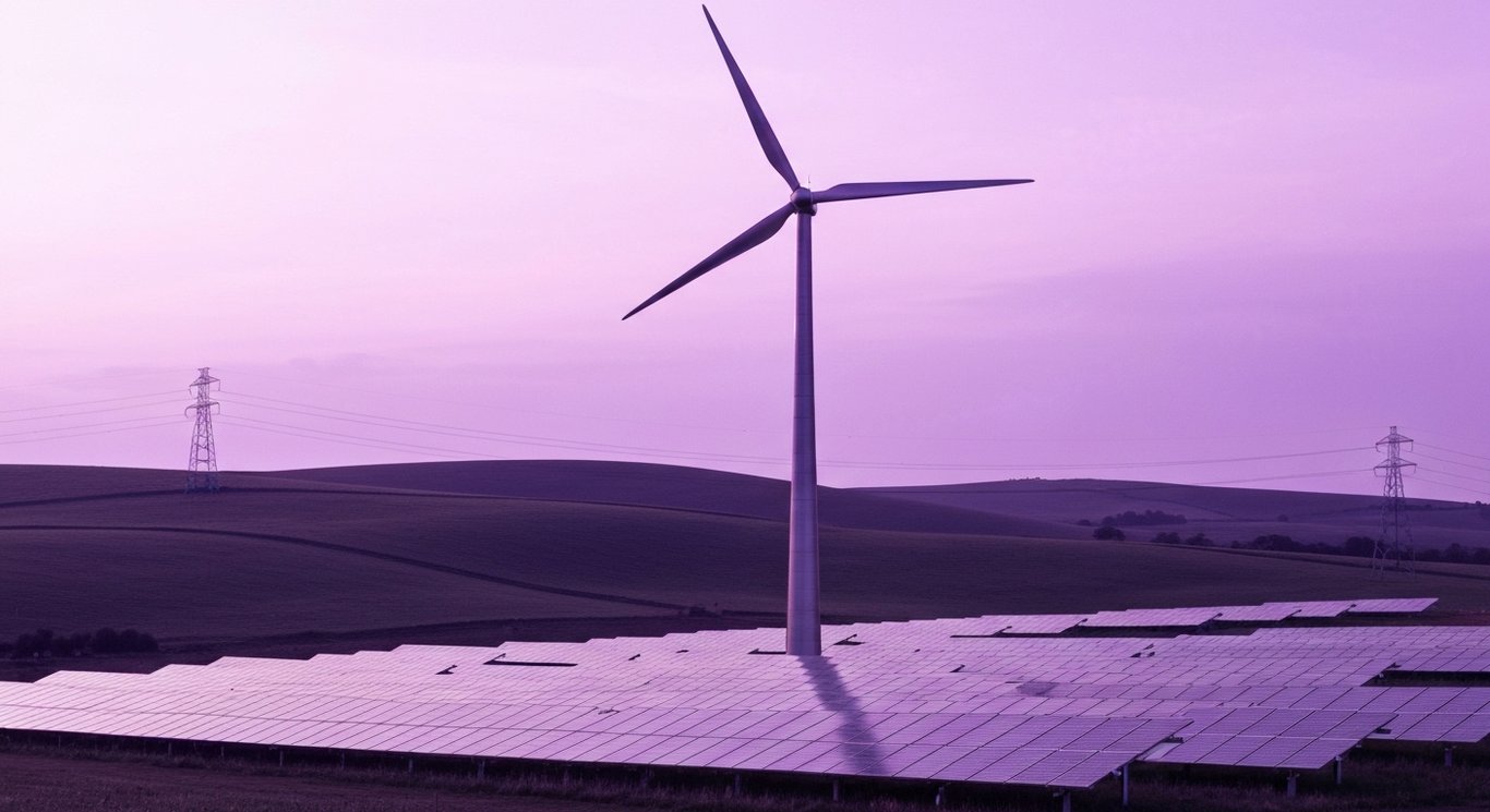 Wind turbine and solar panels in open landscape with distant power lines and a purple sky