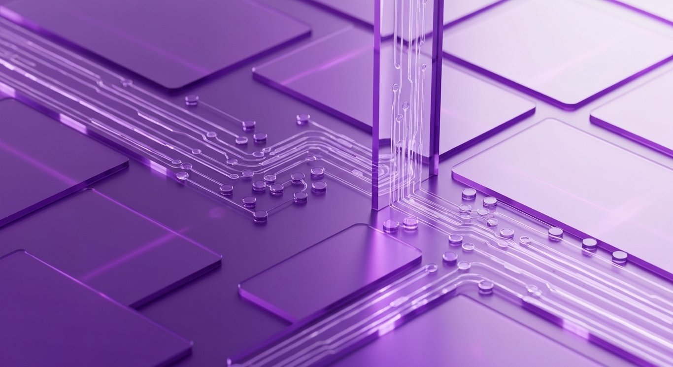 Abstract market trends and analytics visualization with flowing data in a purple gradient