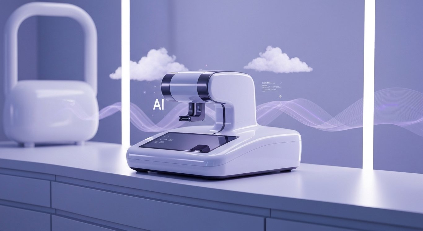 Digital dental scanner on a sleek countertop with soft purple lighting and abstract shapes in the background