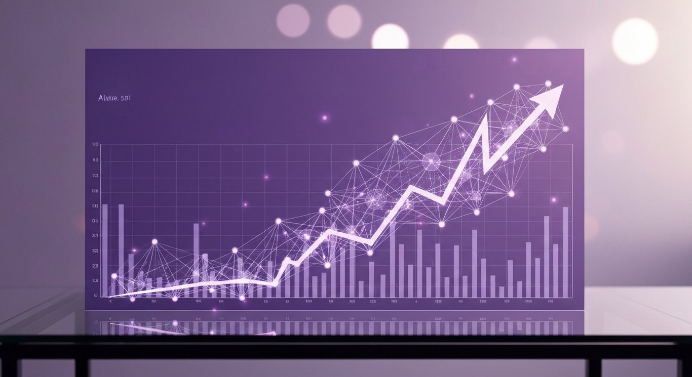 Abstract stock chart with brief dip then rise, overlaid with neural network nodes on soft purple gradient background