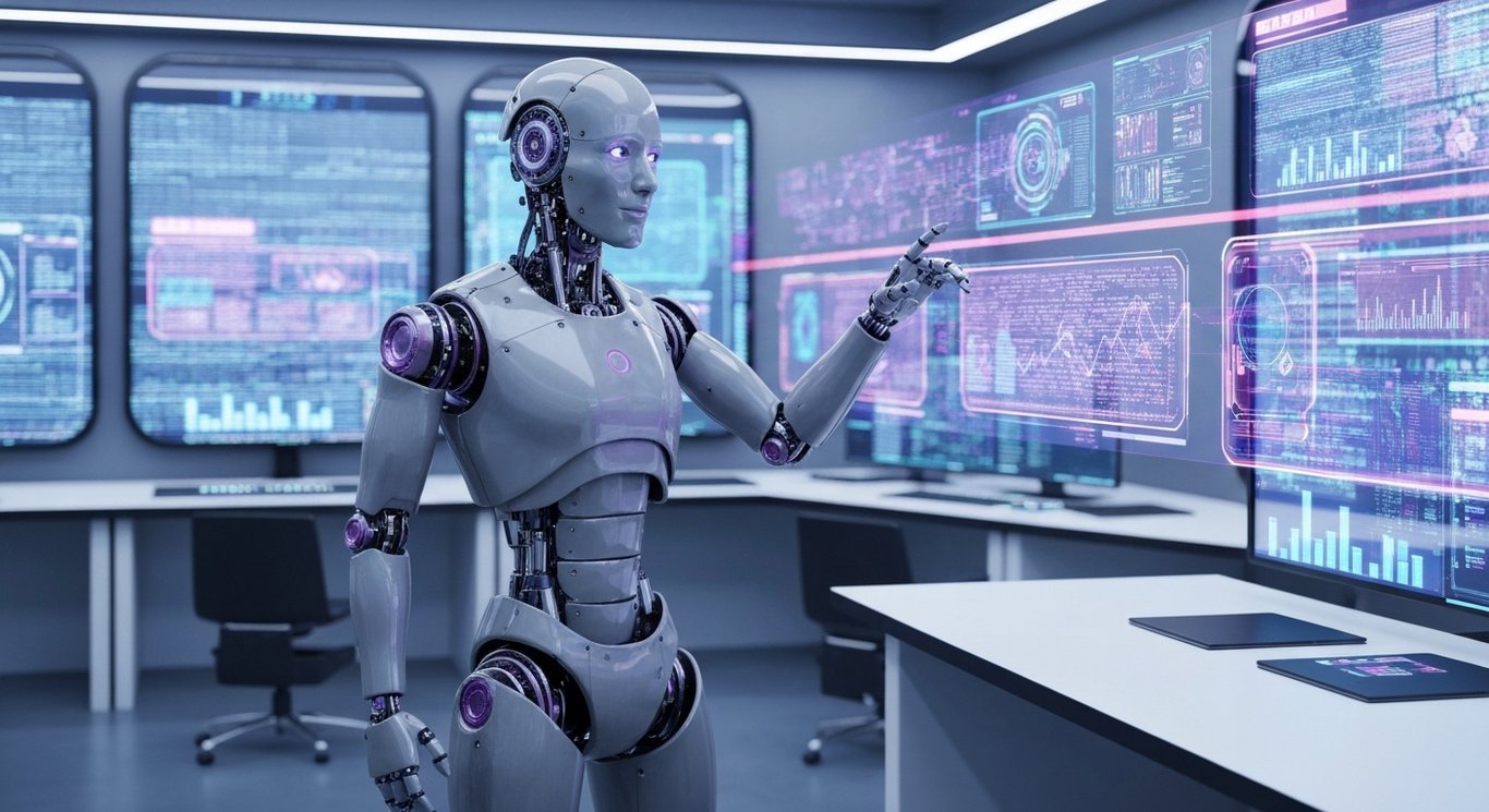 Humanoid robot engaging with holographic data in a sleek, purple-accented technology lab