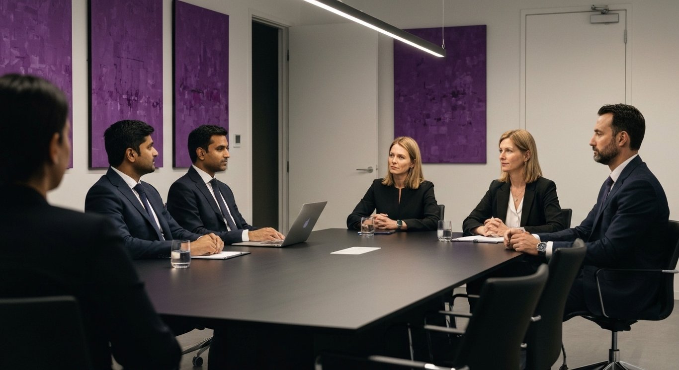 Businesspeople at a conference table in a modern office with soft purple accents