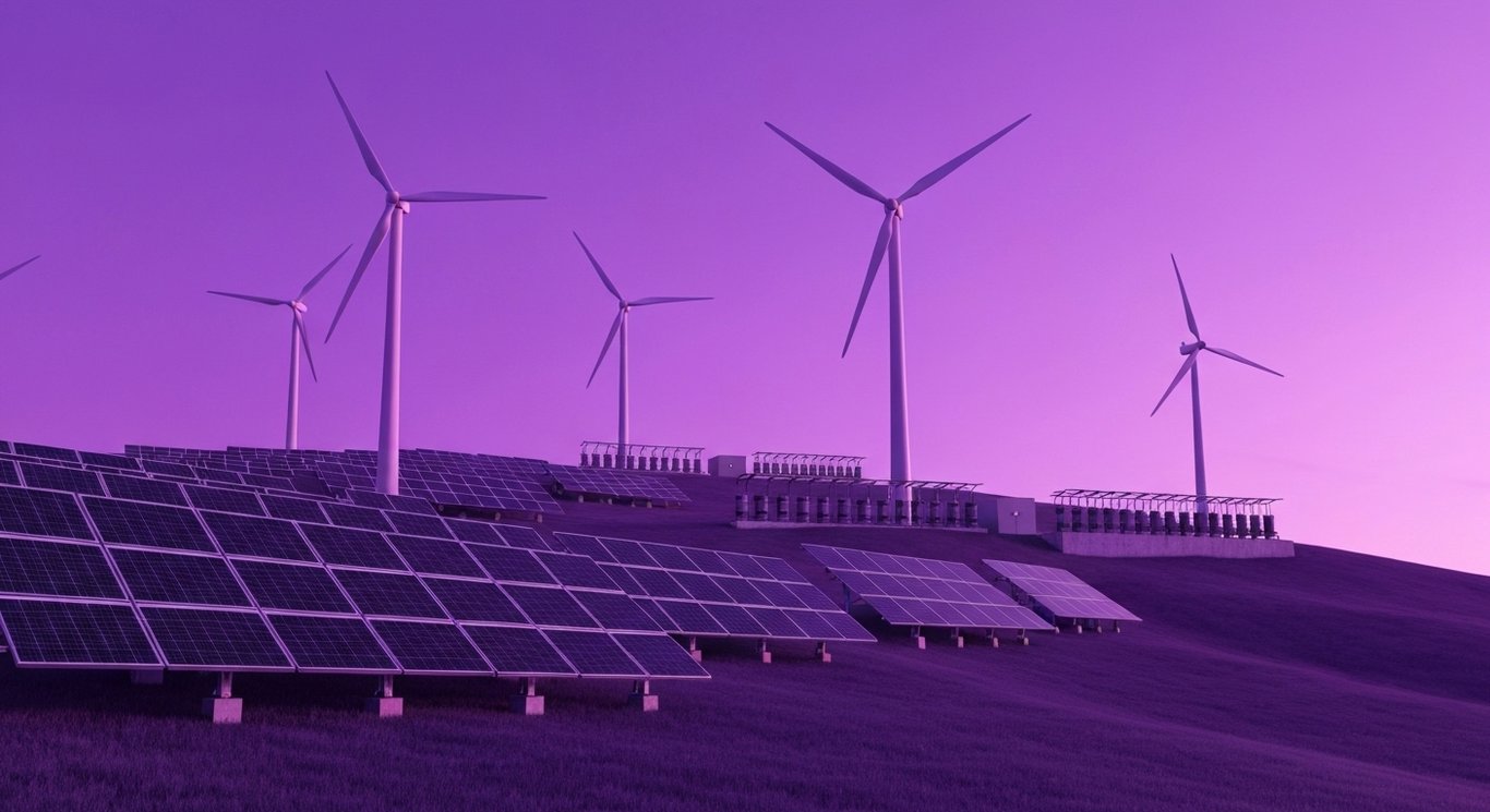 Solar panels, wind turbines, and battery arrays on a hill beneath a twilight purple sky