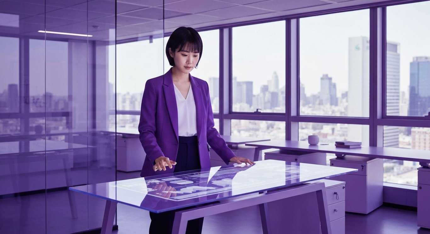 Businesswoman reviews data on a futuristic touchscreen in a modern office with a purple cityscape background