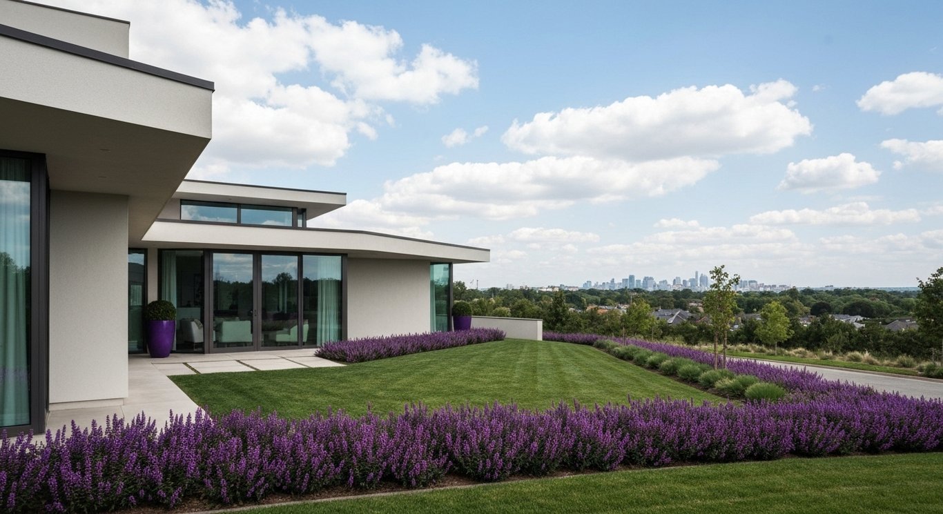 Modern suburban home with manicured lawn and distant city skyline under a purple sky