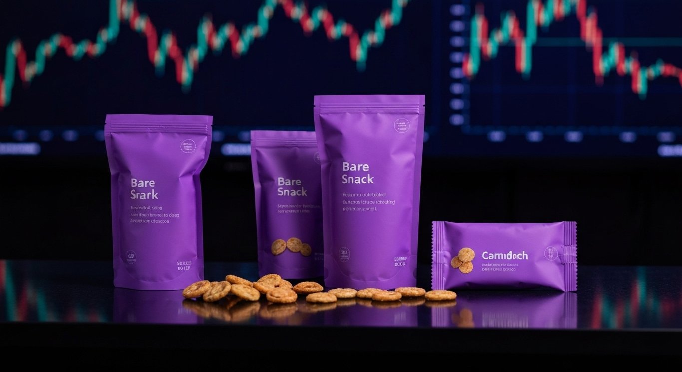Contemporary snack assortment on a reflective surface with a subtle purple-toned background