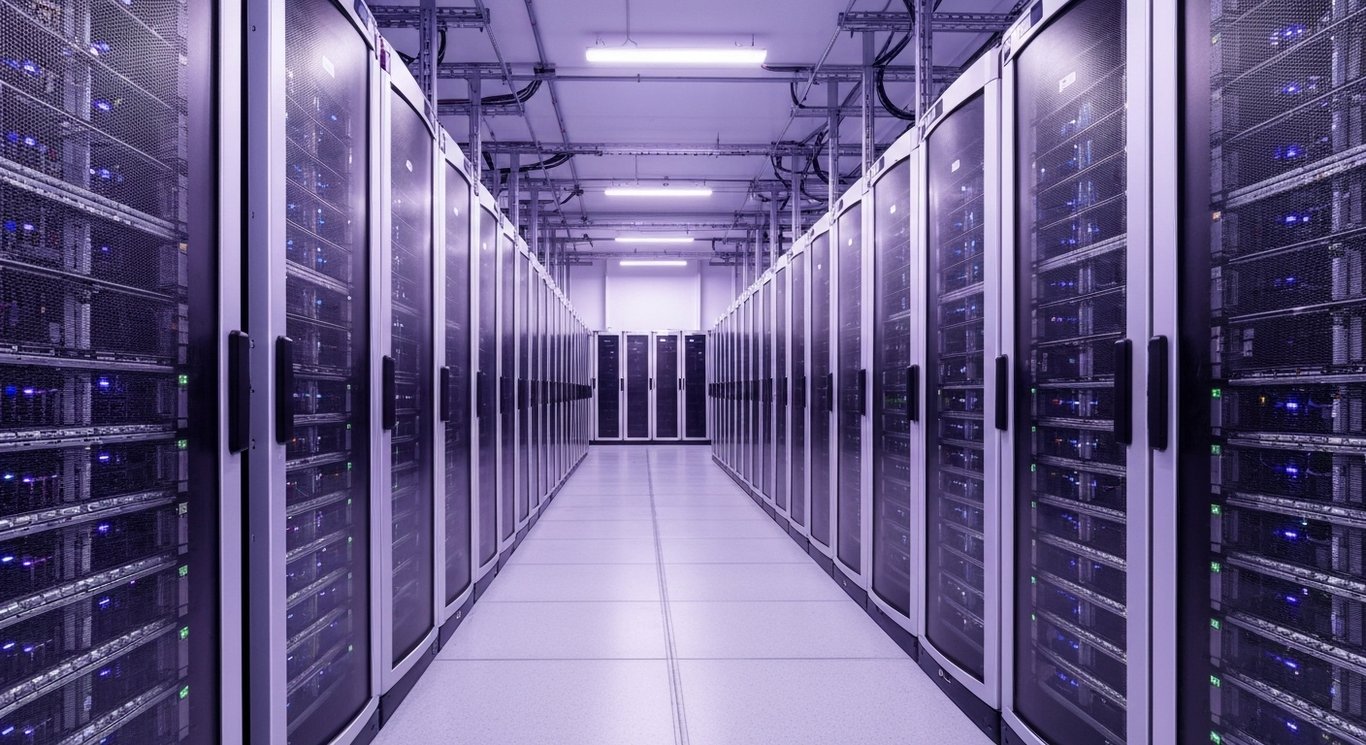 Modern data center with rows of illuminated server racks and a soft purple glow in a clean, spacious room