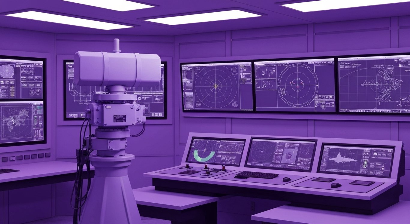 Modern military radar system in a high-tech control room with subtle purple lighting