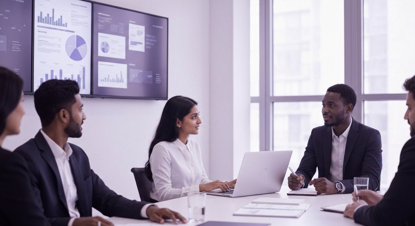 Corporate business meeting in a modern office with digital charts and a purple-themed minimalist design