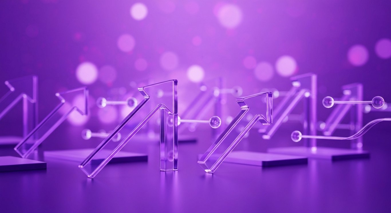 Market arrows with flowing data streams in purple glass and soft bokeh