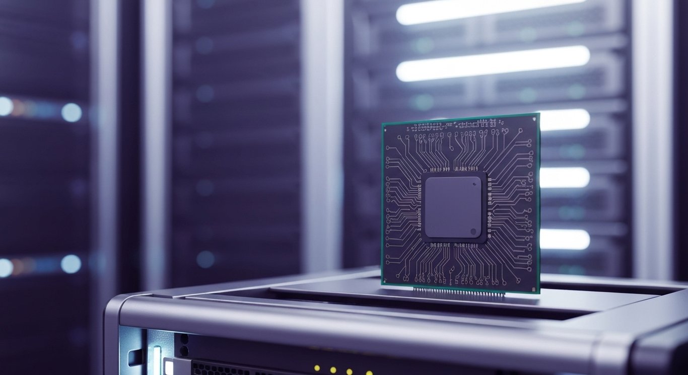 Modern computer chip resting on a server rack with a softly lit purple-themed data center background