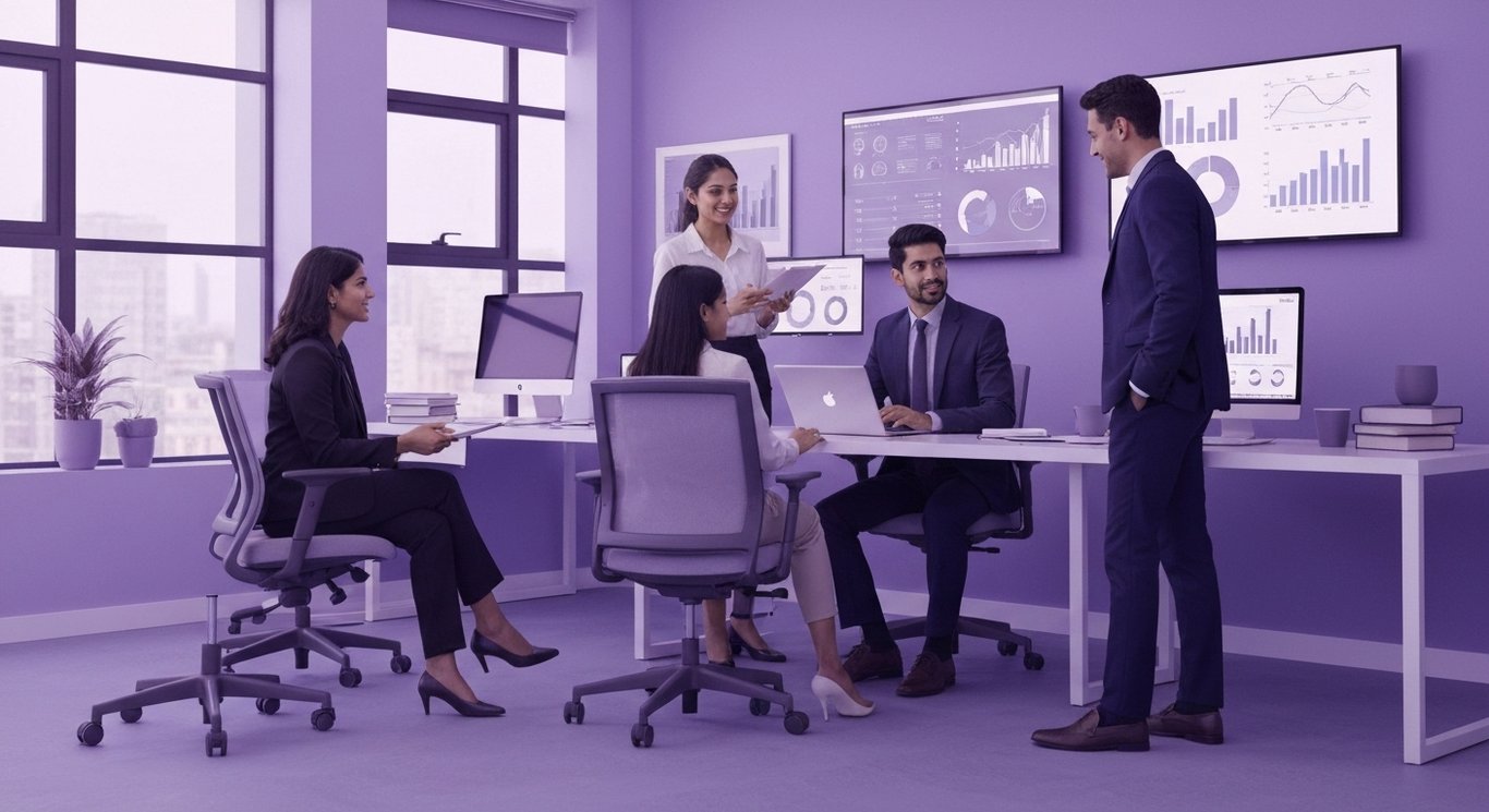 Business professionals analyzing data in a modern office with purple accents