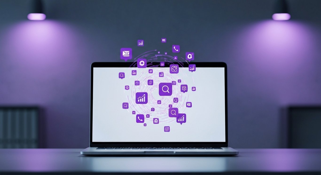 Modern laptop with floating digital marketing icons on a purple-accented office background