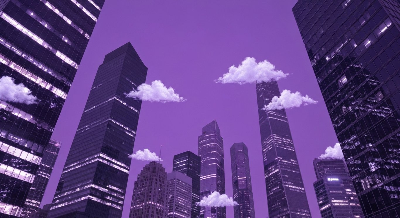 Futuristic cityscape with glass towers and digital clouds under soft purple lighting