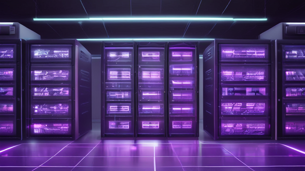 Server racks with digital effects in a tech-focused room with purple lighting