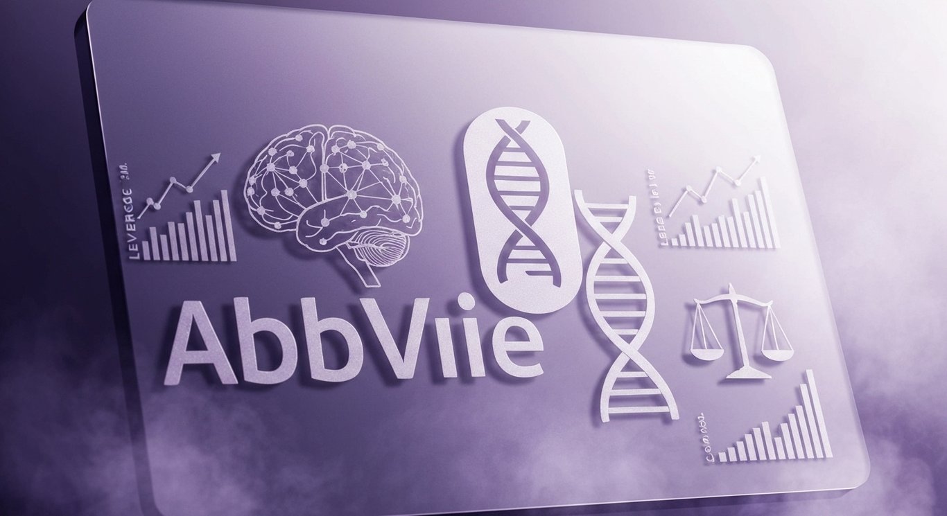 Logo on frosted glass with neural brain and DNA, capsule icon, balance scale and growth charts for leverage and cash flow
