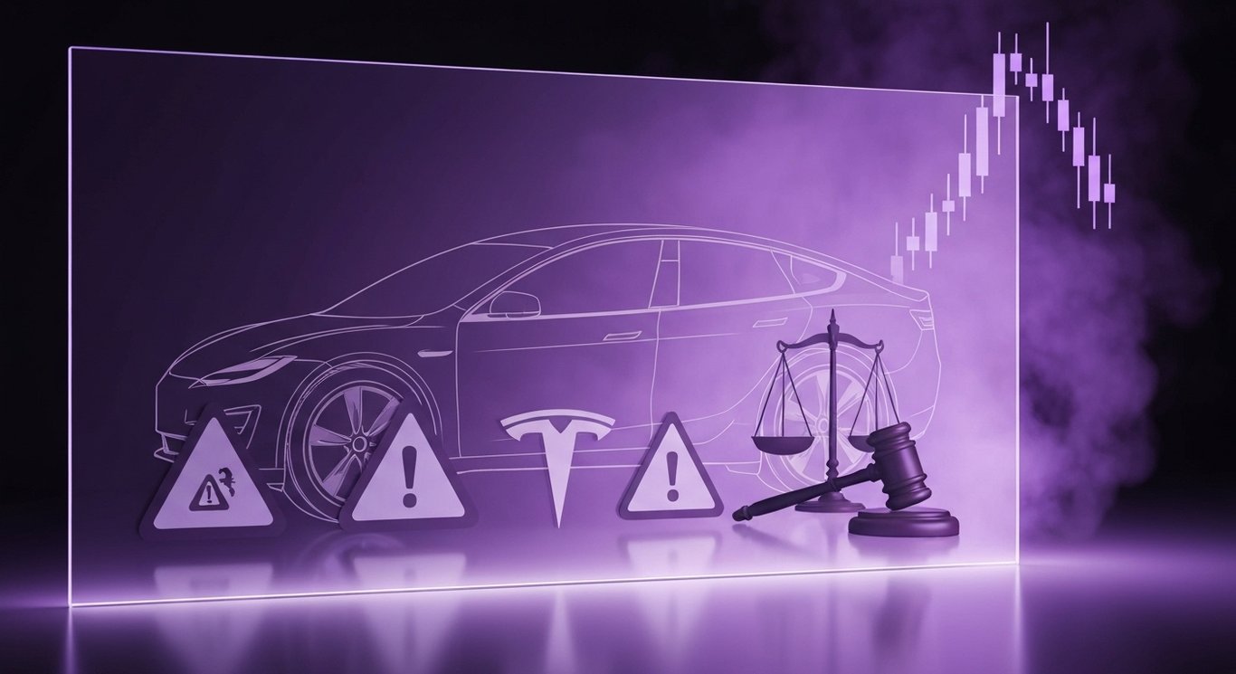 Vehicle door schematic with scales, hazard icons, and stock graph in purple haze, signaling safety risks and market impact