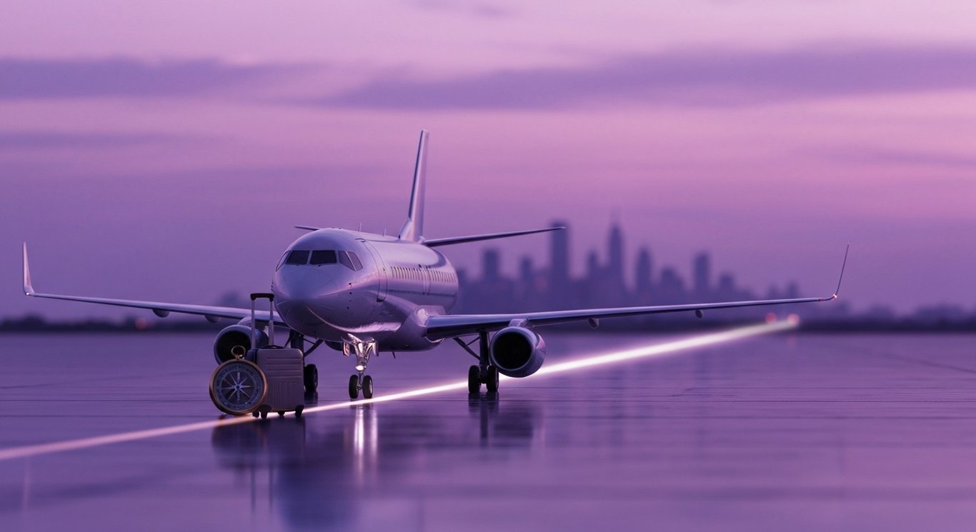 Passenger jet with rolling suitcase and compass on a dusk runway, soft bokeh and an upward light trail in purple tones