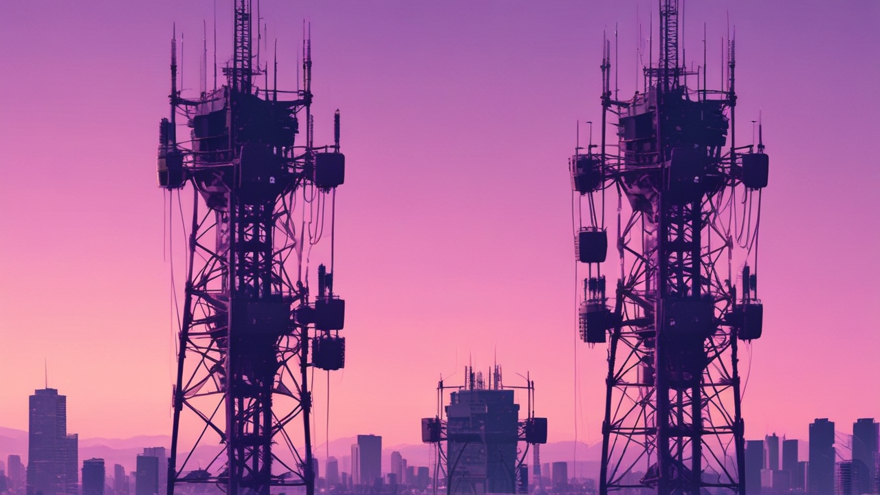 Modern telecommunications tower with antennas rises before a city skyline under a soft purple-toned sky