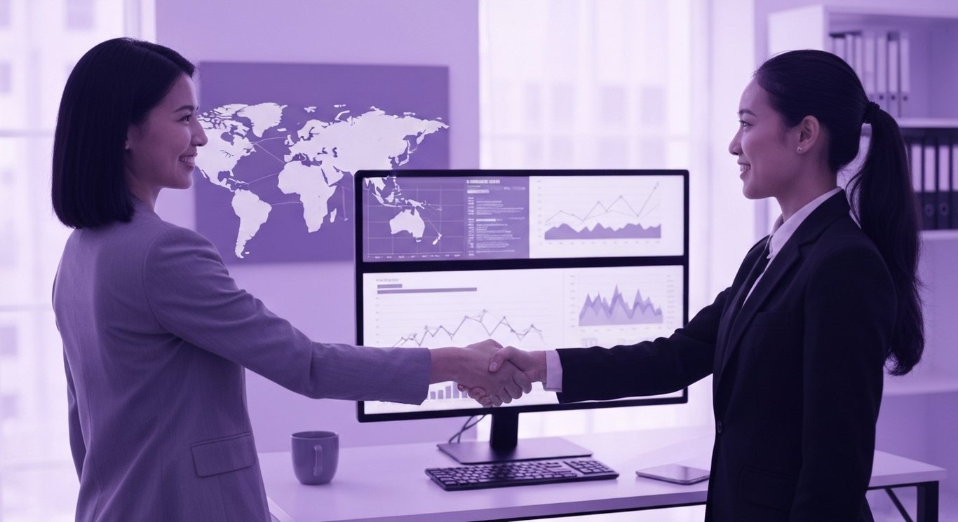 Two professionals shake hands in an office with a digital world map and financial charts in the background